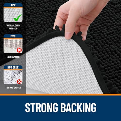 OLANLY Chenille Bathroom Rugs Mats Sets 2 Piece, 59"x20"+30"x20", Black