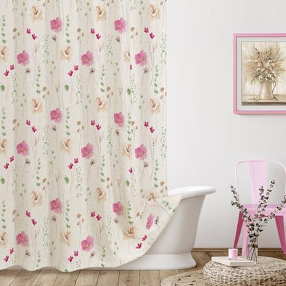 Gibelle Pink Green Linen Watercolor Floral Fabric Shower Curtain, 72x72