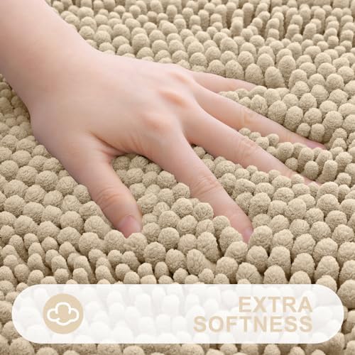 Grandaily Chenille Striped Bathroom Rugs 47x32, Extra Thick and Absorbent Bath Mats, Non-Slip Soft Plush Shaggy Shower Carpet, Machine Wash Dry, Bath Rug for Bathroom, Beige