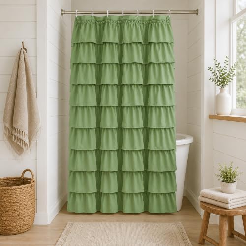 Green Ruffle Shower Curtain for Bathroom, 36x72 inch, 1 Panel, 6ft