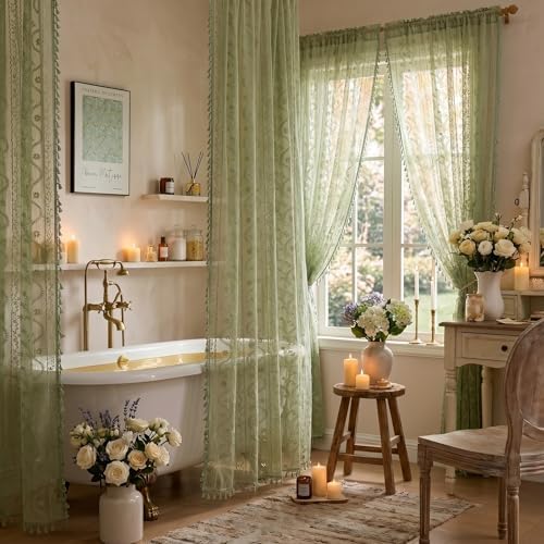 WAZZIO Sage Green Lace Shower Curtain - Vintage Pretty Floral Sheer Shower Curtains, Elegant Decorative Tassel Bath Curtains for Bathroom, 72 x 84 Inch, 1 Piece