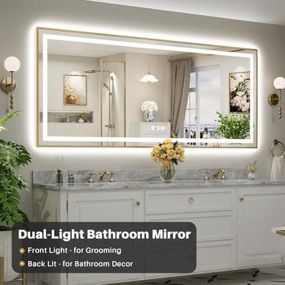 88x38 Inch LED Bathroom Mirror with Gold Frame, Backlit & Front Lit