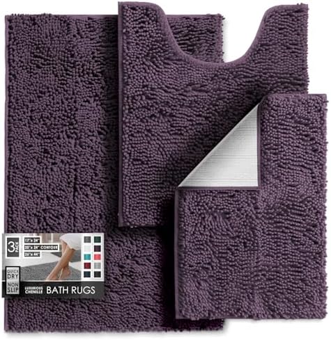Hearth & Harbor Bathroom Rugs, Chenille Bath Mat - Machine Washable Bath Mats for Bathroom Non-Slip Backing Rubber, Quick Dry Mat - Purple Bath Rug, 17x24-26x44-20x24
