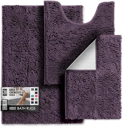 Hearth & Harbor Bathroom Rugs, Chenille Bath Mat - Machine Washable Bath Mats for Bathroom Non-Slip Backing Rubber, Quick Dry Mat - Purple Bath Rug, 17x24-26x44-20x24