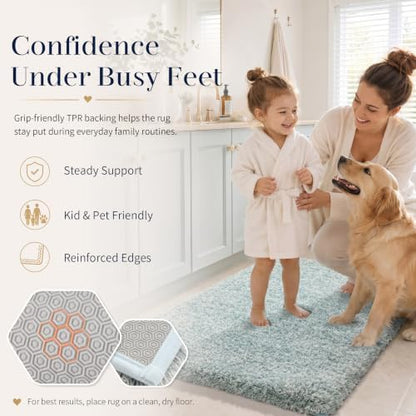 Yimobra Luxury Bathroom Rugs, Fluffy Bath Mats, Non Slip, Water Absorbent Microfiber, Machine Washable, Plush Carpet Shower Rugs, Thick Matts for Bathroom Floor/Tub, 44"x 24", Sky Light Blue and White