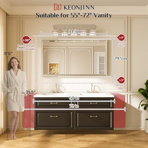 Keonjinn 55" x 30" Gold Bathroom Mirror, Beveled Edge HD Tempered Glass