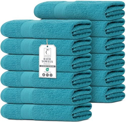 Commercial Bulk Pack of 12 Large Bath Towels – 100% Cotton Terry 24" x 50" – Ideal for Hotels, Salons, Gyms, Spas & Institutional Use – Teal Blue
