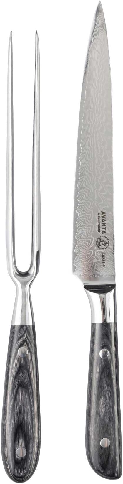 Messermeister Avanta Damascus Kullenschliff Carving Set - Includes 8” Carving & Slicing Knife + 7” Fork - Japanese Damascus Stainless Steel - Pakkawood Handle - Rust Resistant & Easy to Maintain