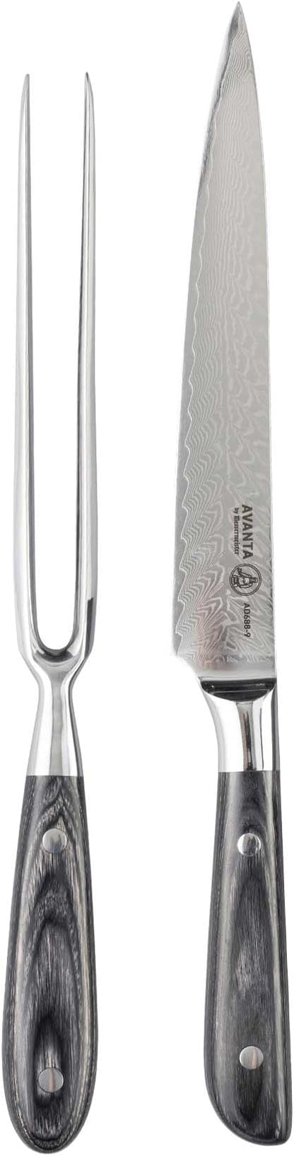 Messermeister Avanta Damascus Kullenschliff Carving Set - Includes 8” Carving & Slicing Knife + 7” Fork - Japanese Damascus Stainless Steel - Pakkawood Handle - Rust Resistant & Easy to Maintain