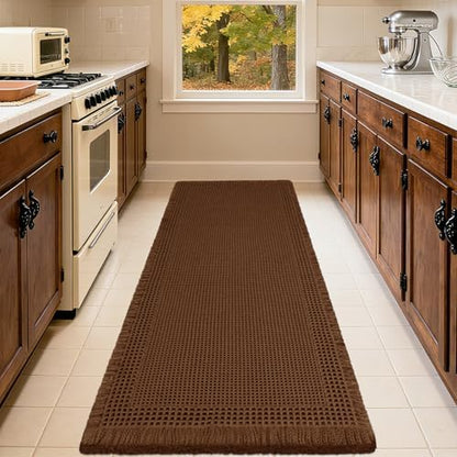 Extra Large Waffle Bath Mat, Boho Woven Modern Bath Rug Absorbent Non Slip, Ultra Soft Bathroom Mats, Machine Washable Knit Bath Rugs with Tassels for Bathroom, Bedroom, Kitchen, Shower, 6'x2', Brown