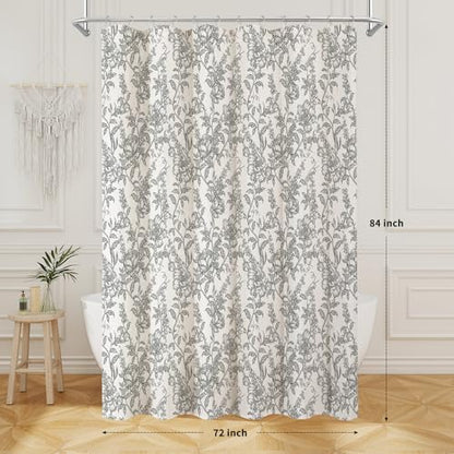 Black Boho Linen Fabric Shower Curtain , Farmhouse Floral For Bathroom