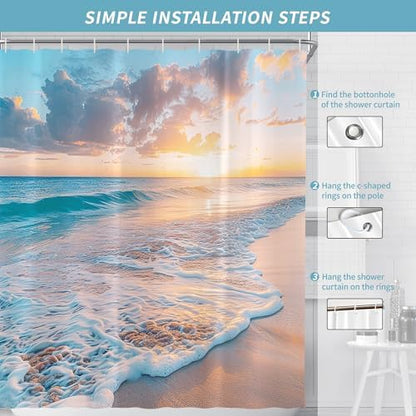 Ocean Beach Coastal Nautical Summer Sunset Shower Curtain for Bathroom 72W*72H Inch Seaside Seacoast Beachy Waves Bathtub Decor Seascape Neutral Cool Waterproof Polyester Fabric Set with 12 Hooks