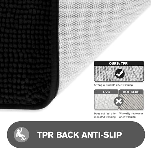 Black Bathroom Rugs Sets 2 Piece – Absorbent and Washable Bath Mat, Non-Slip, Thick Soft Chenille Bath Rugs for Bathroom Floor, Shower, Sink - 20" x 32"+24" x 36"