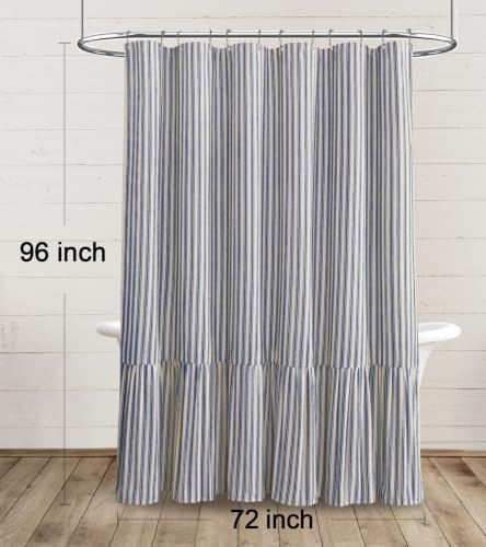 Farmhouse Shower Curtain Ruffle Linen Cream-Blue Stripe 72"W x 96"L