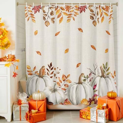 Shower Curtain Bathroom Set Thanksgiving Pumpkin Fall Orange Maple Leaf Watercolor Waterproof Shower Curtains with Grommets Hooks Vintage Linen Privacy Bath Curtain for Bathtub Decor 36x72in