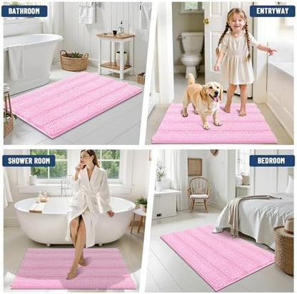 Grandaily Chenille Striped Bathroom Rugs 36x24, Extra Thick and Soft Absorbent Bath Mats, Rubber Backing, Plush Shaggy Shower Carpet, Machine Wash Dry, Bath Rug for Bathroom, Light Pink