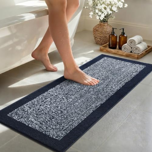 48x17 Bathroom Rugs Non Slip Washable, Soft Absorbent Bath Mat Dark Blue