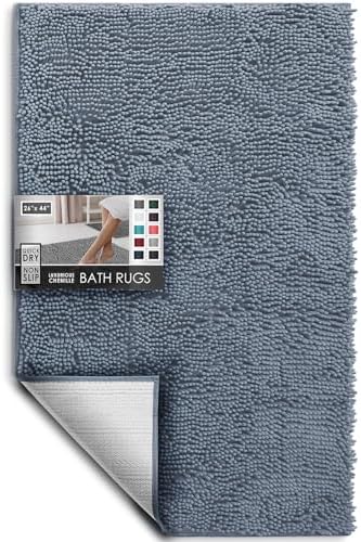 Hearth & Harbor Bathroom Rugs, Chenille Bath Mat - Machine Washable Bath Mats for Bathroom Non-Slip Backing Rubber, Quick Dry Bathroom Mat, 26 x 44 - Stone Blue