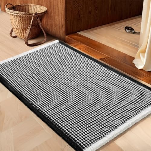 IM HOME Waffle Bath Mat Black & Cream 32"x20", Boho Woven Modern Bath Mat Rugs, Absorbent Non Slip Bathroom Rugs, Soft Washable Bath Rugs with Tassels for Bedroom, Kitchen, Shower, Tub