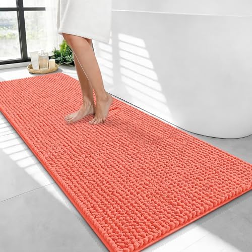 OLANLY Thick Chenille Bathroom Runner Rugs 47x24, Absorbent Bath Mat, Coral