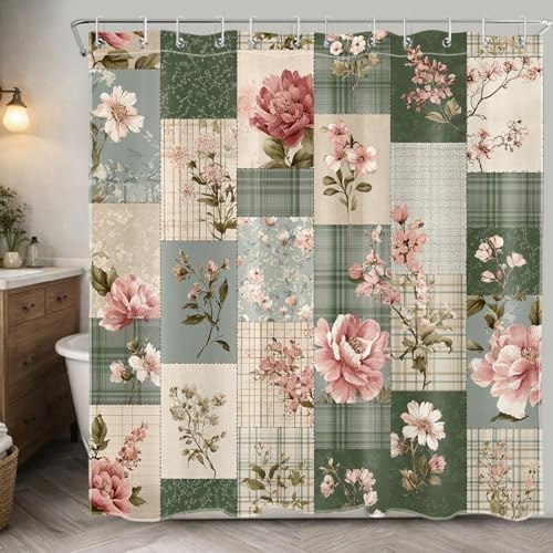 Boho Floral Shower Curtain Vintage Patchwork Rose Flower and Leaf Plant Design Polyester Fabric Farmhouse Cottage Decor Bathroom Curtains, 72W X 78L inches