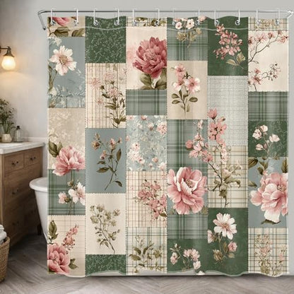 Boho Floral Shower Curtain Vintage Patchwork Rose Flower and Leaf Plant Design Polyester Fabric Farmhouse Cottage Decor Bathroom Curtains, 72W X 78L inches