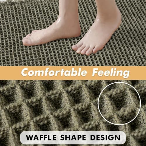 MIULEE Set of 2 Waffle Bathroom Rugs Boho Bath Mat Green 17"x24"+17"x48"