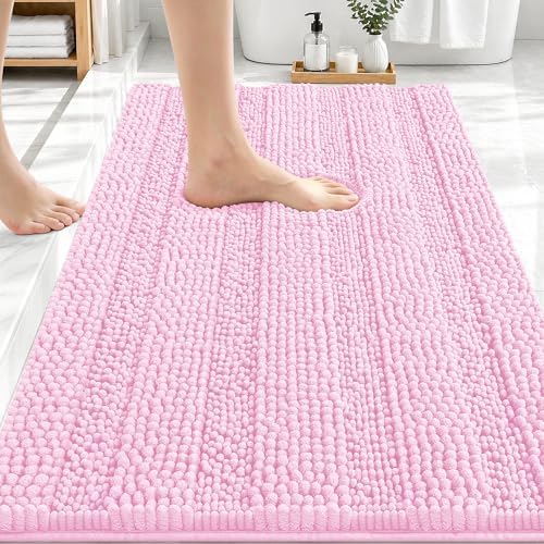 OLANLY Thick Bathroom Rugs 30x20, Soft Chenille Striped Bath Rugs, Pink