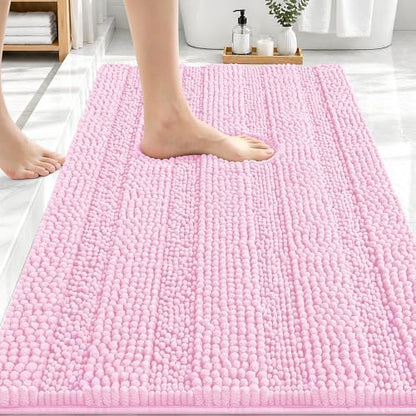 OLANLY Thick Bathroom Rugs 30x20, Soft Chenille Striped Bath Rugs, Pink