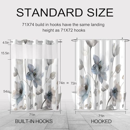 No Hook Shower Curtain and Liner Set, Blue Grey Boho Floral 71x74