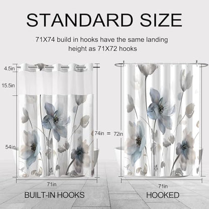 No Hook Shower Curtain and Liner Set, Blue Grey Boho Floral 71x74