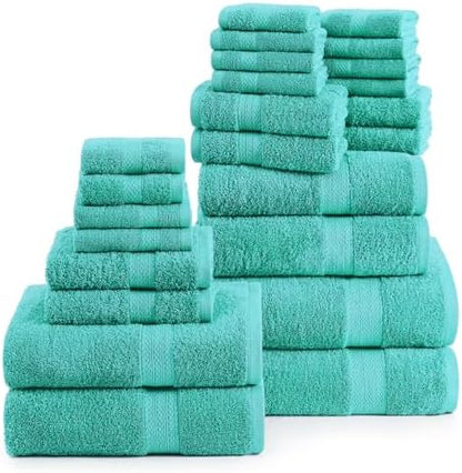 LANE LINEN 24 PCs 100% Cotton Bath Towels Set - Quick Dry, Ultra Soft & Ultra Absorbent - 4 Bath, 4 Fingertip, 6 Hand Towels, 8 Washcloths, 2 Bath Sheets - Home & Guest Bathroom Towels - Teal