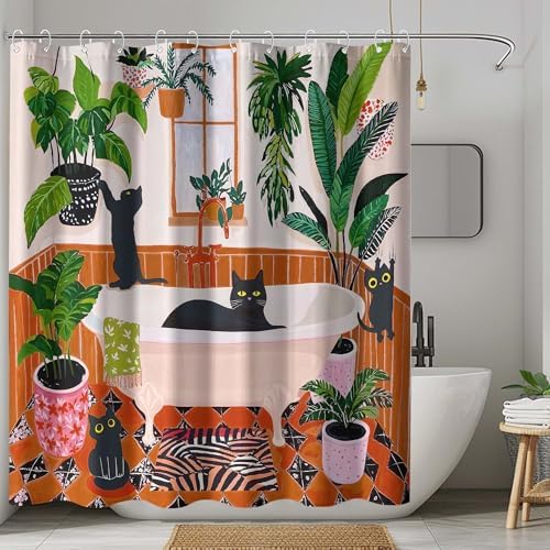 Funny Cat Shower Curtain Boho Cute Fun Black Cats Matisse Shower Curtains for Bathroom Kitten Green Tropical Plant Leaves Beige Brown Red Waterproof Fabric Bath Curtain Decor 72 X 84 Inches