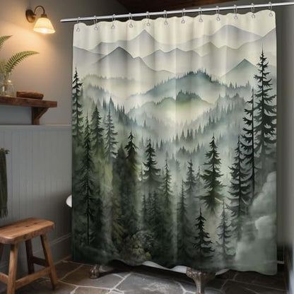 Sage Green Forest Shower Curtain, 72x72 in, Mountain Rustic Pine Tree