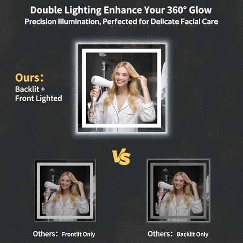 30"x30" LED Bathroom Mirror with Lights, Backlit+Frontlit, Anti-Fog
