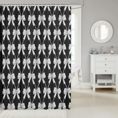 jejeloiu Cute Bow Bathroom Accessories 72"x78" Gray Black Bowknot Shower Curtain for Bathroom Decor Kawaii Girls Bath Curtain Waterproof Polyester Fabric with 12 Hooks for Stalls Bathtubs Princess