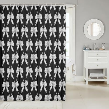 jejeloiu Cute Bow Bathroom Accessories 72"x72" Gray Black Bowknot Shower Curtain for Bathroom Decor Kawaii Girls Bath Curtain Waterproof Polyester Fabric with 12 Hooks for Stalls Bathtubs Princess