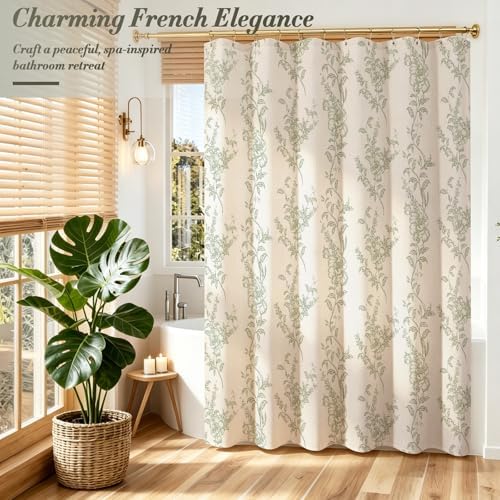 Sage Linen Farmhouse Shower Curtain, Boho Floral Bathroom 72x78