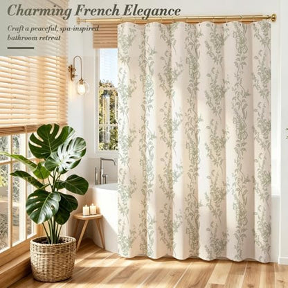 Sage Linen Farmhouse Shower Curtain, Boho Floral Bathroom 72x78