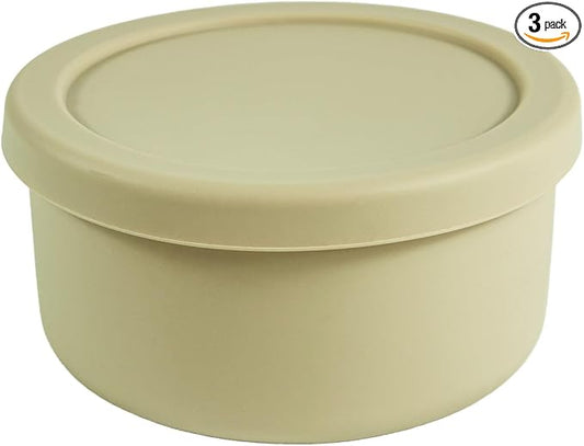24 fl oz Silicone Food Storage Container with Lid, Round Portable Airtight Salad Bowl, Reusable Meal Prep Bowl for Soup Stew Leftovers, Microwave Fridge Dishwasher Safe, BPA Free (Beige 3 Pack)