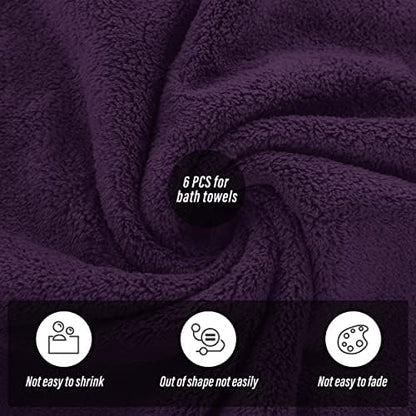 MOONQUEEN 6 Pack Premium Bath Towel Set - Quick Drying - Microfiber Coral Velvet Highly Absorbent Towels - Multipurpose Use as Bath Fitness, Bathroom, Shower, Sports, Yoga Towel (Grape Purple)