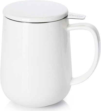 Sweese 20 OZ Porcelain Tea Mug with Infuser and Lid, Loose Leaf Tea Cup, Gifts for Tea Lover - White