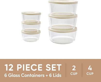 12-Piece Glass Food Storage Containers Set (6 Containers + 6 BPA-Free Lids) | 2-Cup & 4-Cup, Leakproof | Microwave, Freezer, Oven & Dishwasher Safe | Ideal for Meal Prep & Pantry Organization, Beige