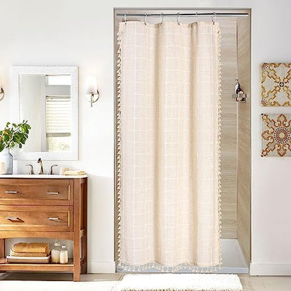 Boho Farmhouse Classic Plaid Linen Tassel Shower Curtain Cream,36x72