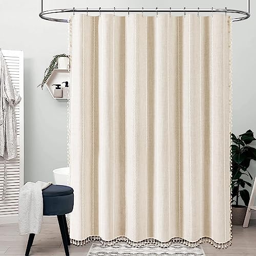 BTTN Cream Boho Farmhouse Linen Heavy Duty Shower Curtain Set, 72x72, Beige