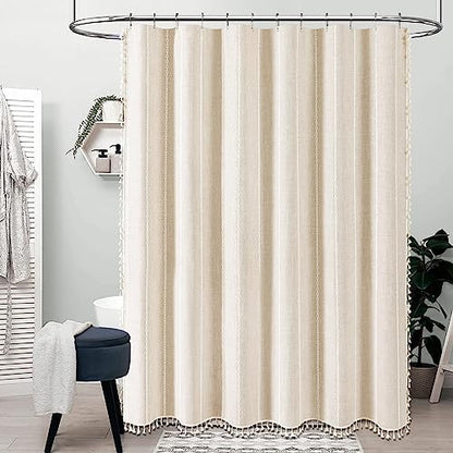 BTTN Cream Boho Farmhouse Linen Heavy Duty Shower Curtain Set, 72x72, Beige