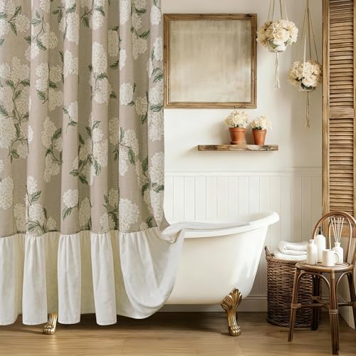 ORTIGIA Linen Textured Ruffle Shower Curtain with Metal Hooks, Off-White Cream Floral Hydrangea Waterproof Bath Curtain for Rustic Farmhouse Bathroom Decor 72x72 Inch