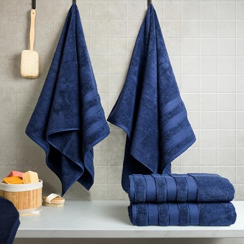American Soft Linen Salem 100% Cotton Turkish 4 Piece Bath Towels for Bathroom, 600 GSM Soft Absorbent Quick Dry Bath Towel Set, Navy Blue