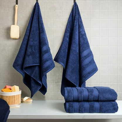 American Soft Linen Salem 100% Cotton Turkish 4 Piece Bath Towels for Bathroom, 600 GSM Soft Absorbent Quick Dry Bath Towel Set, Navy Blue