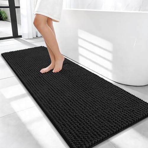 OLANLY Thick Chenille Bathroom Runner Rugs 47x20, Absorbent Bath Mat, Black